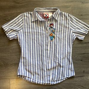 💜Disney blue and white striped button shirt embroidered characters size M